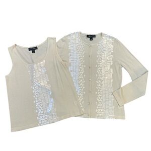 St. John Cardigan Set Cream Sequin Cardigan & Tank Silk Wool Cashmere Size Small